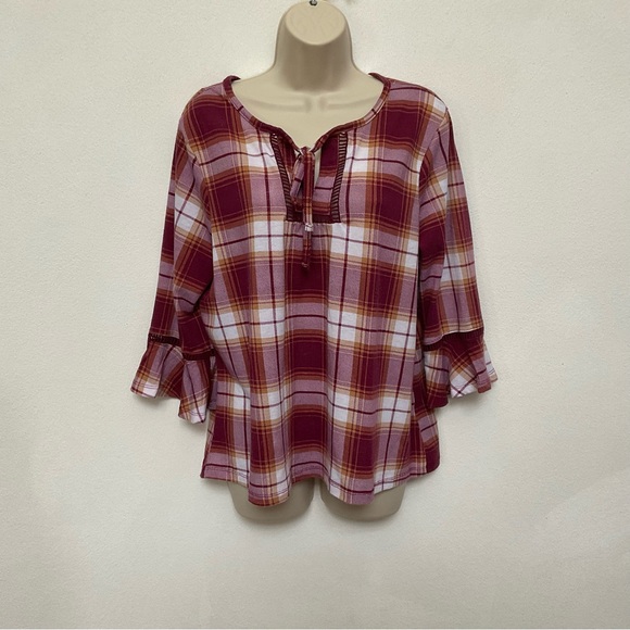 Alison Andrew Red, Orange Plaid Soft Tie Front Long Sleeve Ruffle Top Size XL - Picture 1 of 3